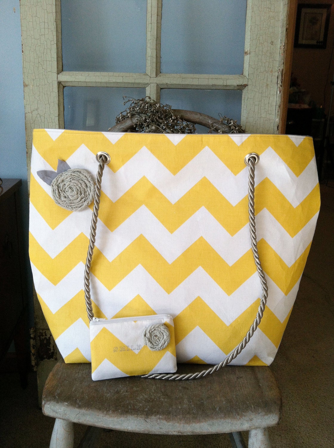 Large Chevron Tote with Custom Handles & Fabric Flower with Matching Coin Purse