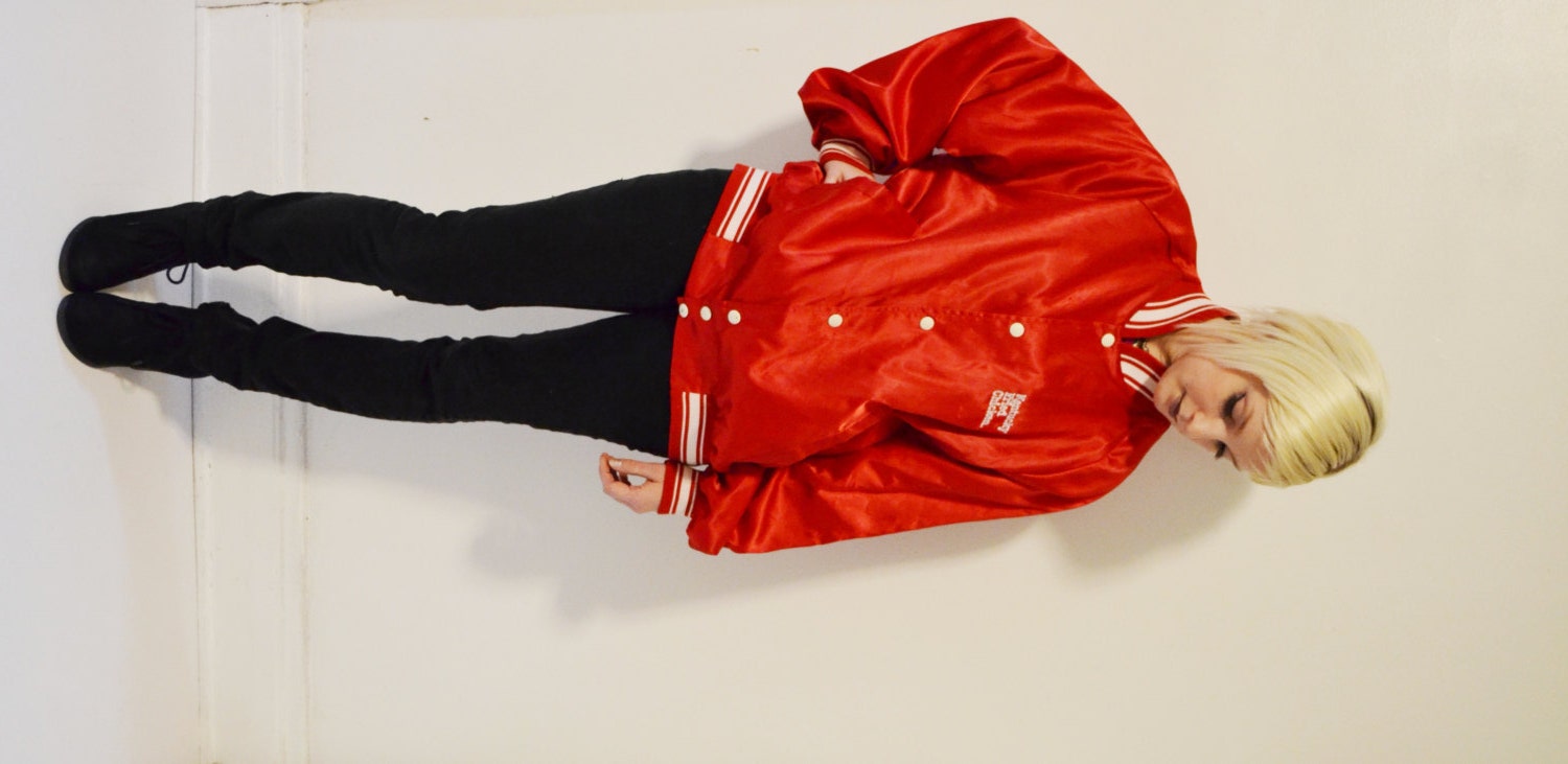 Red Silky BOMBER Jacket Vintage Baseball Style KFC VARSITY Members's Only Coat