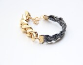 ON SALE: Arm candy - Gold Extra chunky chain with Grey leather braid Bracelet - 24k gold plated