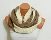 Perfect..Knitted infinity Scarf Block Infinity Scarf. Loop Scarf, Circle Scarf, Neck Warmer. coffee and cream  Crochet Infinity