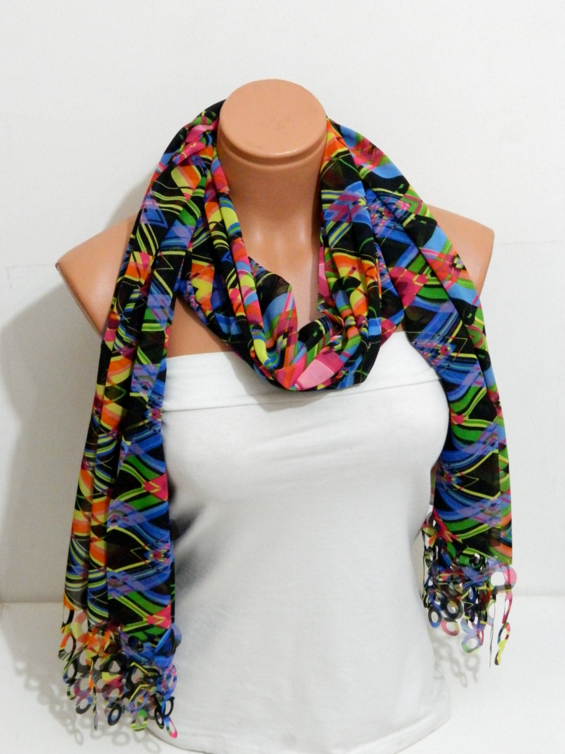 Aztec tribal patterned chiffon infinity scarf circle scarf spring scarf mother's Day,gifts birthday gifts,laser cutting scarf