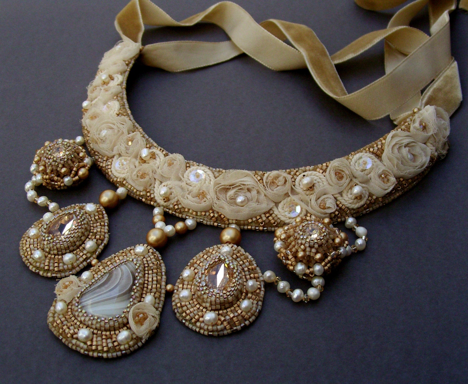 Bead embroidery necklace, choker, bib, statement, wedding, pearl, beadwork, Swarovski, beige
