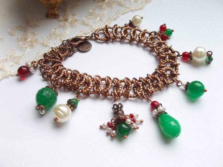 Jade Green Charm Bracelet in Antique Copper Chainmaille Beaded Chrams and Dangles Imitation Pearls Signed