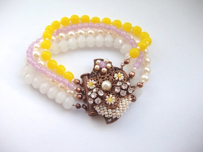 Yellow & Lilac Rhinestone Bracelet with Imitation Pearls Swarovski Rhinestone Antique Copper Art Nouveau Style