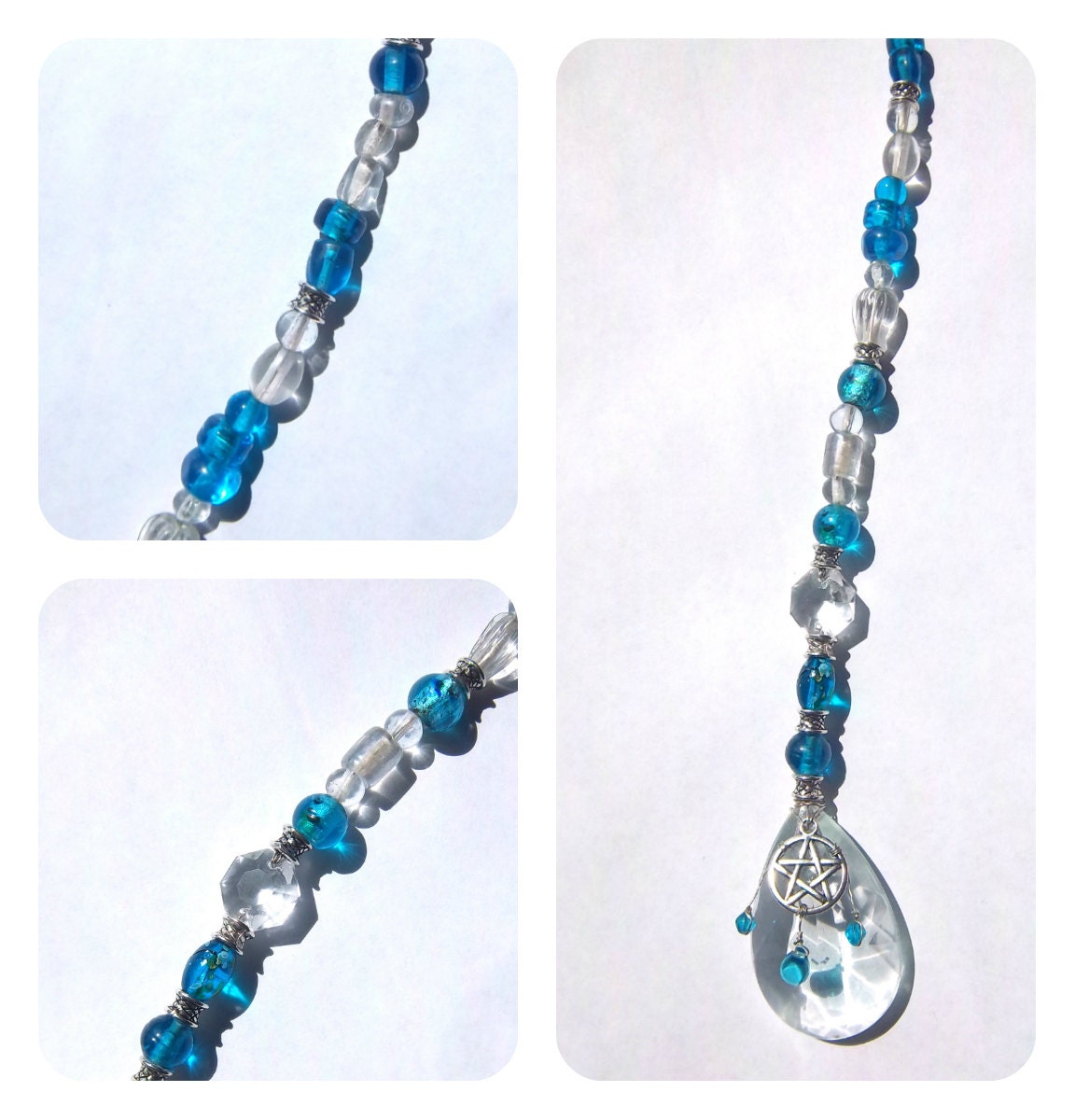 Crystal Sun Catcher with Blue Glass and Pewter Beads and Pentacle Charm for Positive Energy