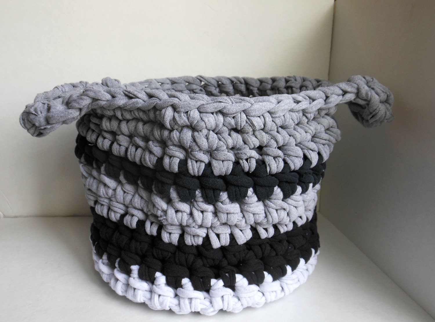 Basket with Handles made with Upcycled TShirt Yarn OOAK Beach Bag
