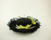 Sewing Kit Pin Cushion - Southern Belle Lacy Hat in Black with Yellow Ribbons and Feathers - Adorable Pincushion