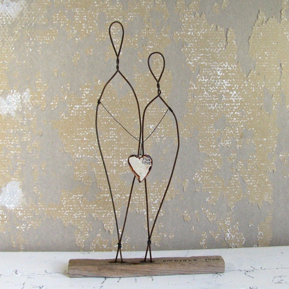 Wire Sculpture Embrace True Love Cake Topper Wedding Gift Driftwood Mixed Media Art