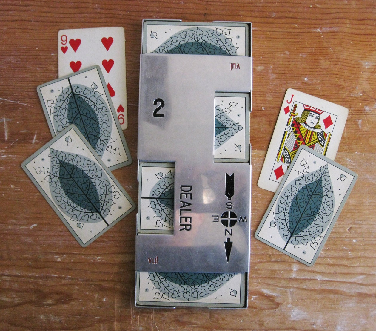 Vintage Bridge Dealer Board, 52 Playing Cards, Retro Leaf Motif with Hearts