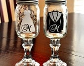 Wedding Dress Tuxedo Redneck Wine Glasses Bride Groom Toasting Mason Jar Hillbilly Wine Glasses