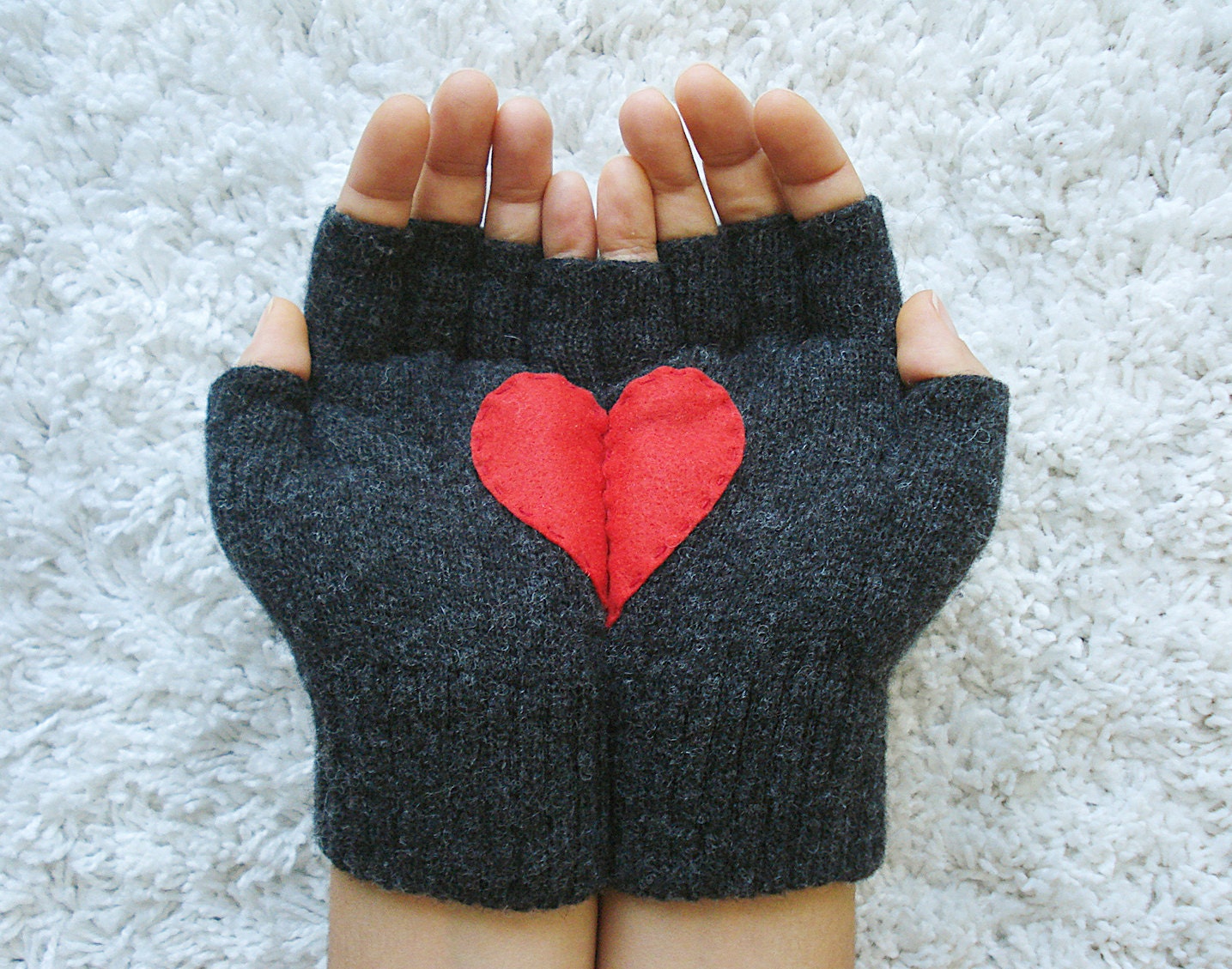 Handful of Heart, Fingerless Dark Grey Gloves with Red Felt Heart
