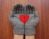 Heart Gloves, Steel Grey Gloves with Red Felt Heart