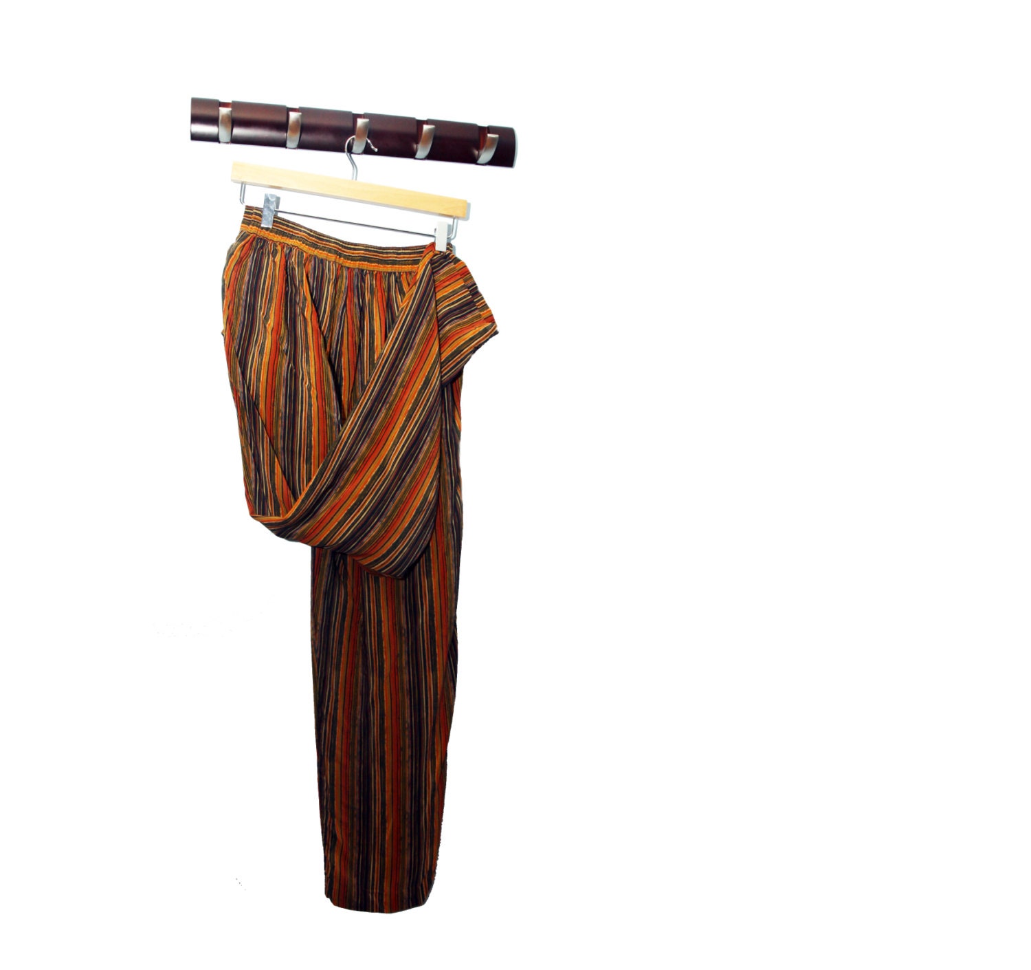 Rich earth tone vintage SILK harem pants / orange, brown, red, black / 6 M romantic stripe print short