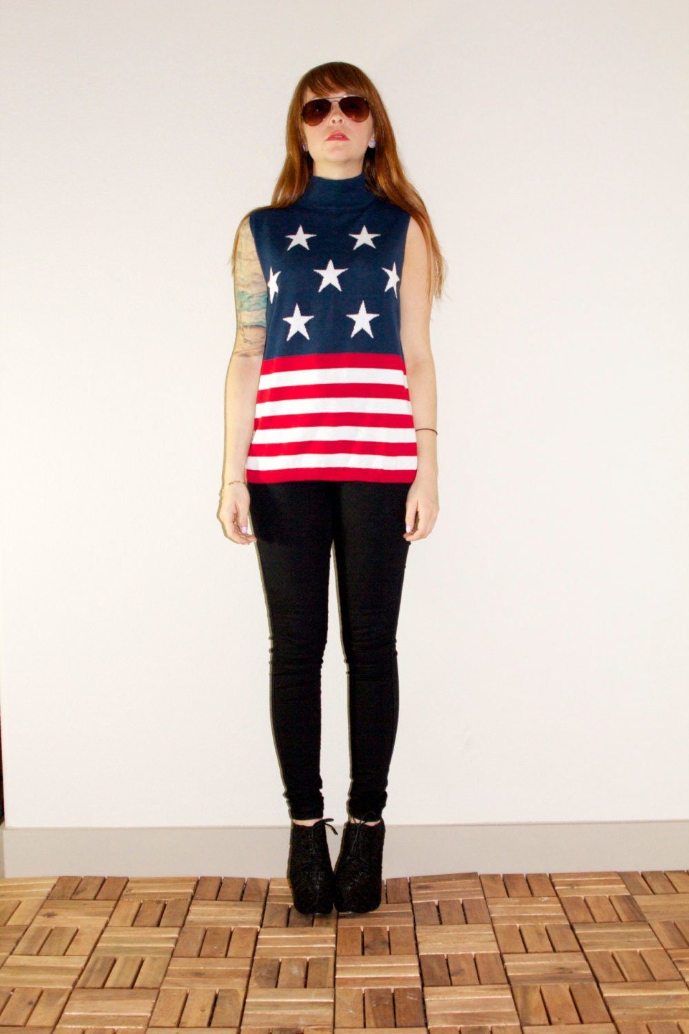 90s American Flag Sleeveless Hipster Shirt M L