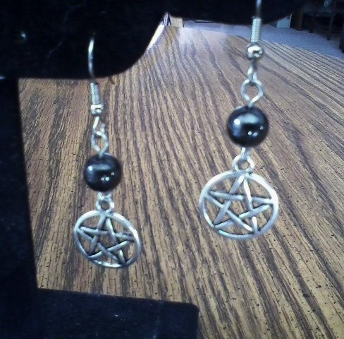 Magnetic Hematite Silver Pentacle Earrings