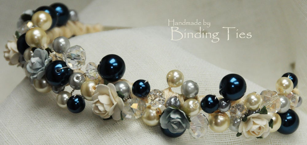 Vintage inspired blue and ivory wedding floral hairband aliceband with flowers, pearls and Swarovski crystals