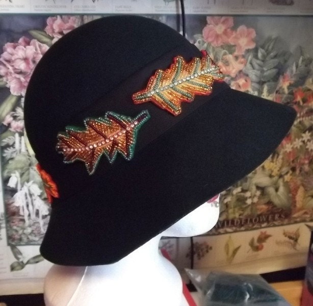 Vintage Cloche Wool Hat with Beaded Fall Colored Leaves with Rhinestone banding