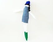 Handmade rag doll Fulana black hair fabric doll monaco blue white and green striped dress la dolce vita ooak soft toy