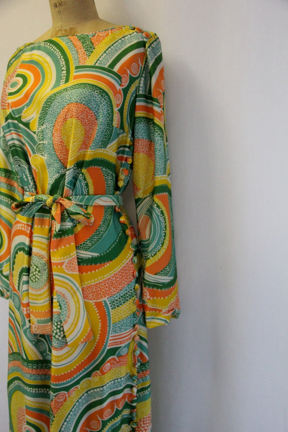 LARGE Vintage Maxi Dress Groovy 1960s Print Yellow Green and Orange