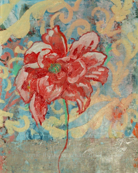 16 x 20 Archival Print of Original Oil Painting "Shabby Chic Single Rose in Red"
