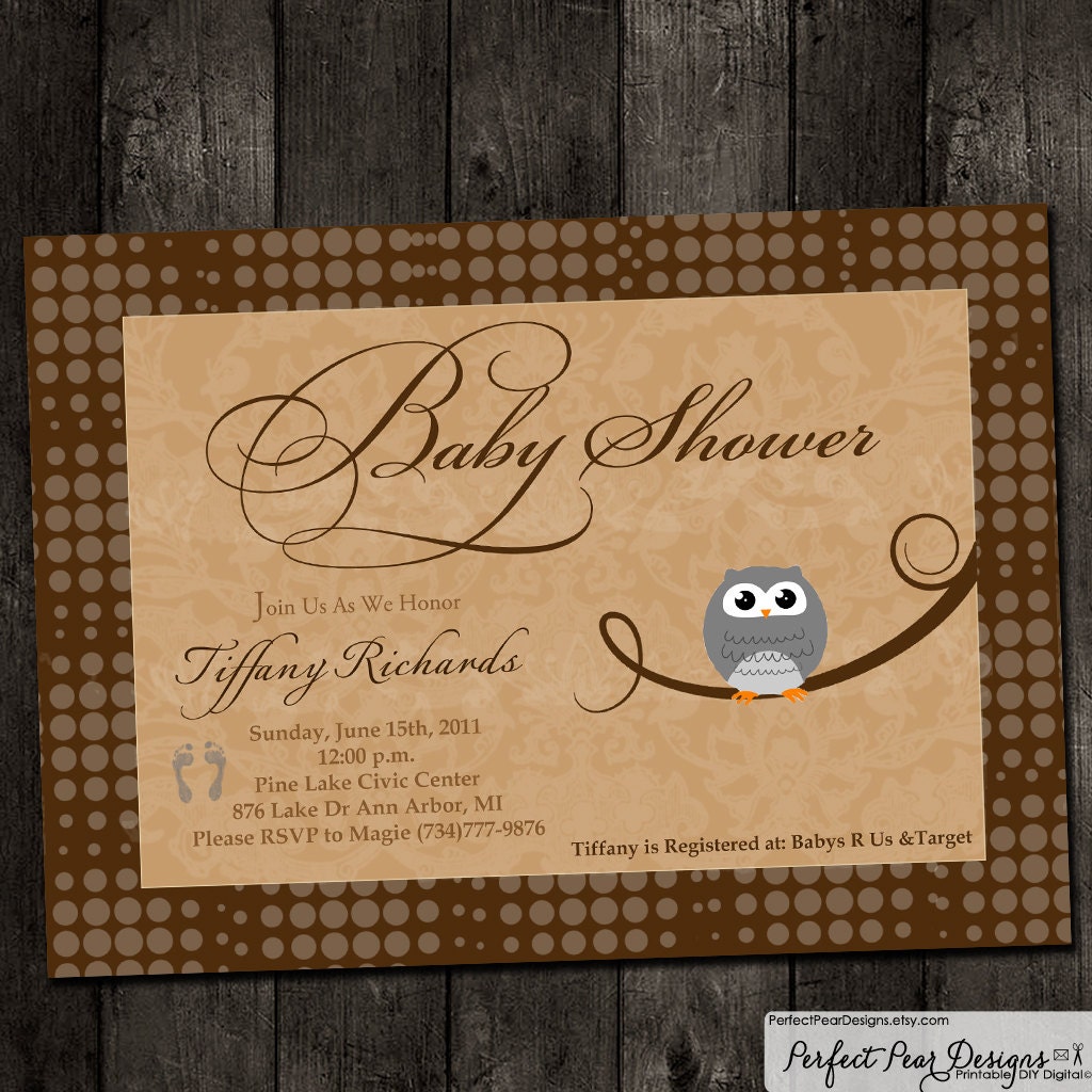 Baby Shower Invitation, Vintage Owl - Grey, Teal, Blue - Girl Boy Twins Gender Neutral Brown and Grey (digital DIY printable)