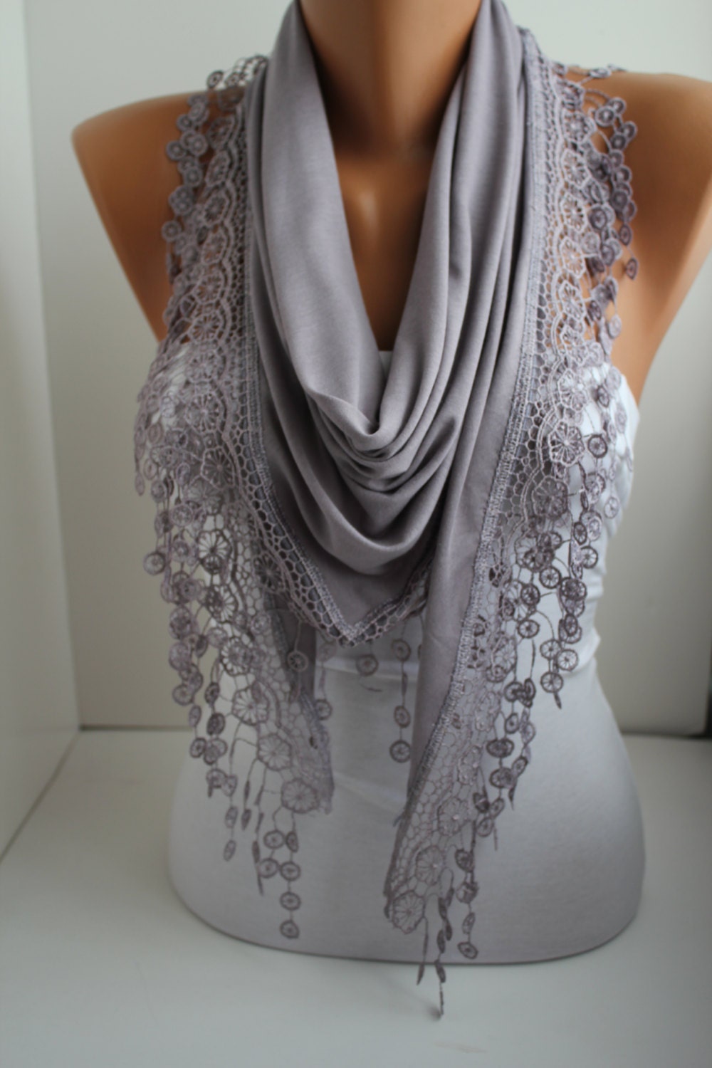 Lavender Scarf - Shawl - Lace Scarf- Jersey Scarf - Scarf - Triangle Scarf - Headband - Cowl with Lace Edge- DIDUCI