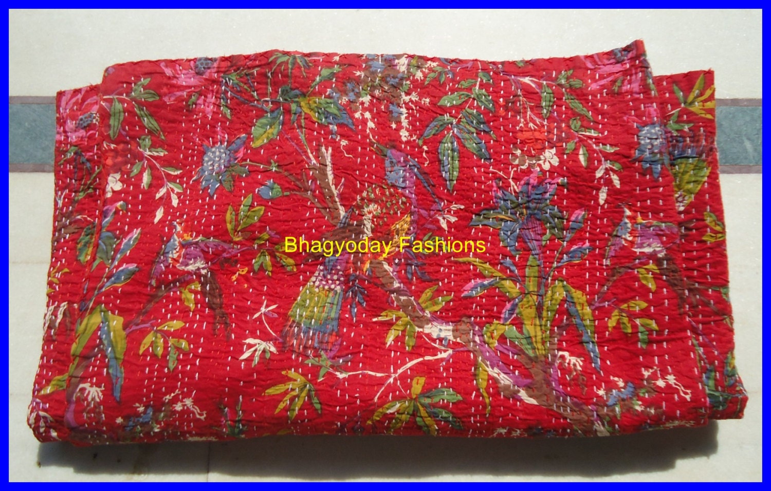 Floral birds quilt, Tropical Kantha quilt cover, fully handmade100% Organic cotton king Bed Cover or kantha Blanket bedding