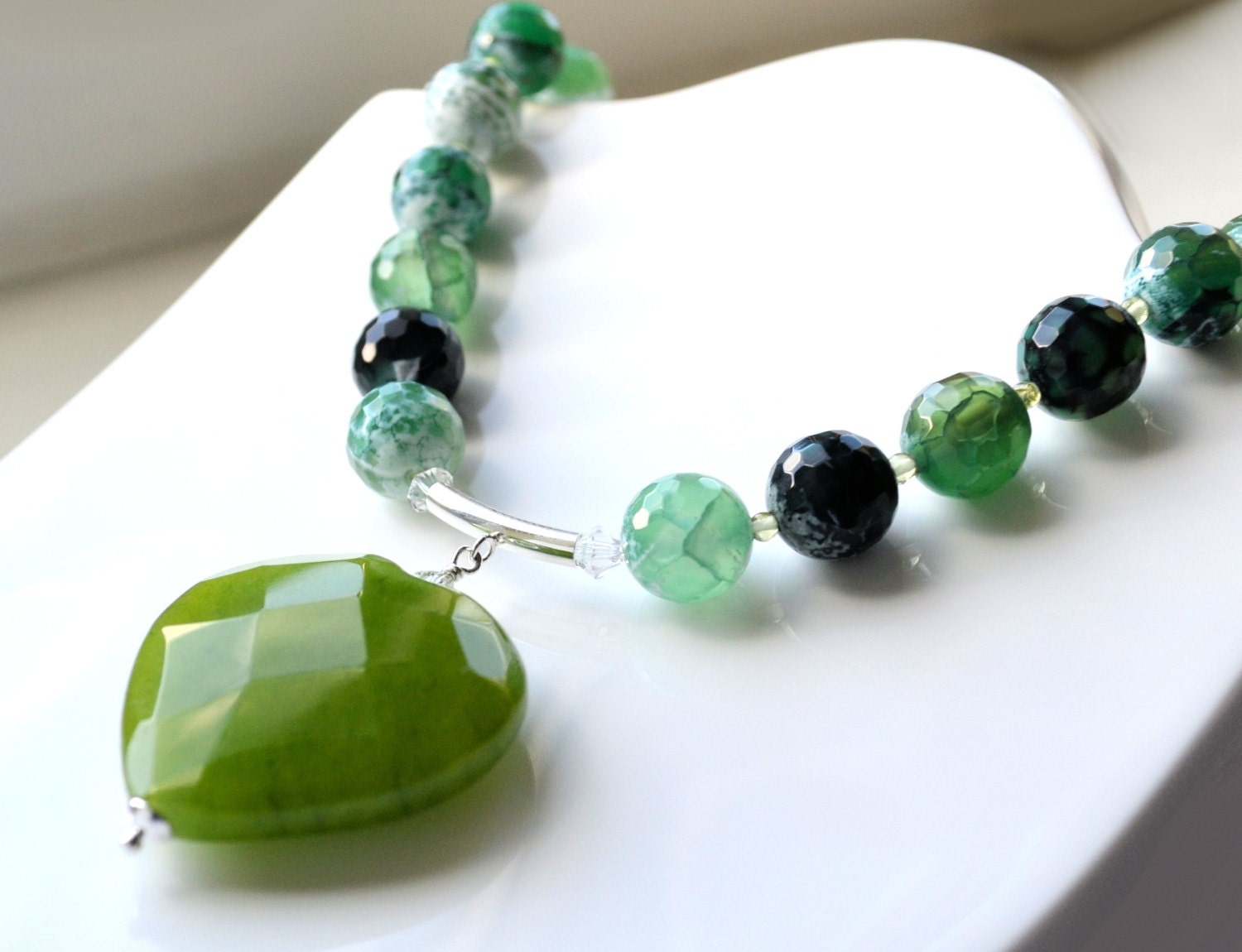 Stone Heart Pendant Necklace Green Peridot Large Faceted Jade Gemstone Agate Swarovski Crystal Solid Sterling Silver gift for her