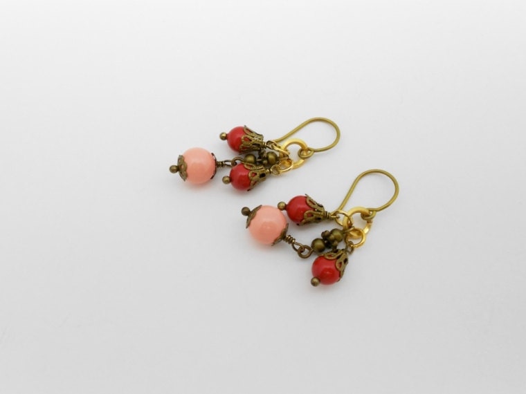 Pearl Earrings, Antique Bronze, Coral and Pink Pearls, Antiqued Earrings