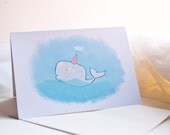 Party Whale- Happy Birthday Blank Greeting Card- 5x7inches