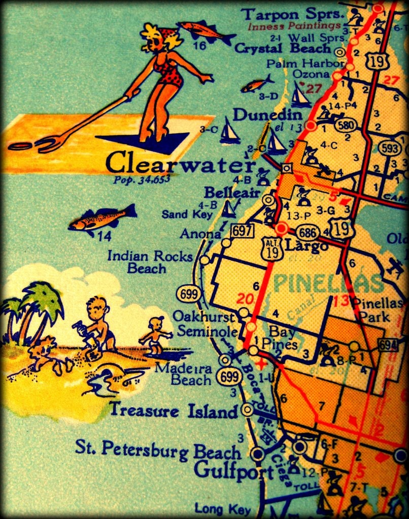 color map photograph CLEARWATER DUNEDIN retro Florida print 11x14 1960s aqua turquoise yellow wall art coastal decor picture