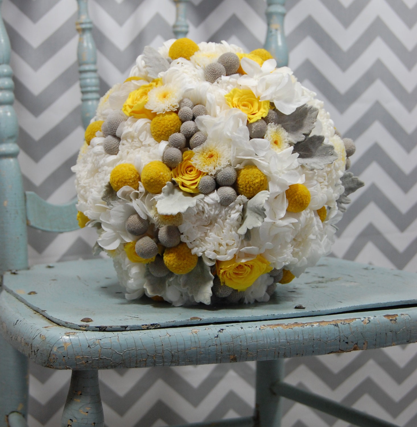 White, Yellow and Gray Preserved Wedding Bouquet