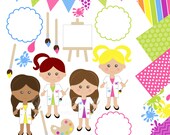 INSTANT DOWNLOAD painting party clip art and digital paper pack, girls birthday, art clipart, for invites, card making, scrapbooking Il_170x135