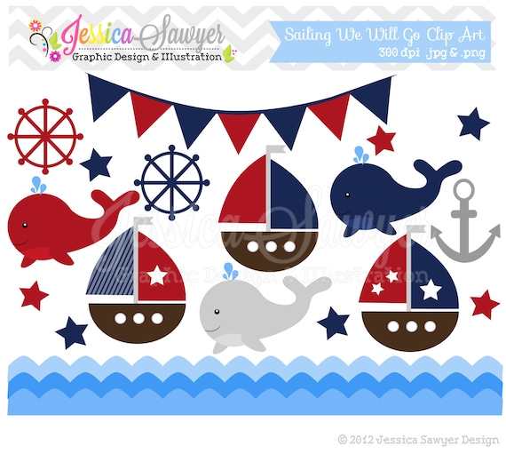 INSTANT DOWNLOAD, sailing clip art, whale clipart, sail boat, nautical graphic, commercial use for invitations, announcements, design Il_570xn