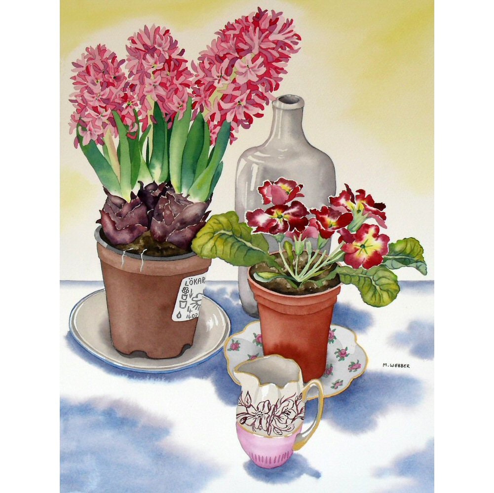 Original Botanical Still Life Watercolour Painting - Spring Flowers and Vintage China