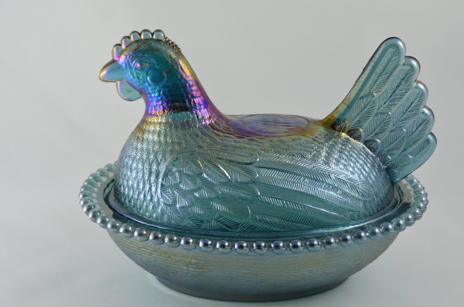 Vintage Carnival Glass-Hen in Her Nest-Iridescent-Retro 60s Candy Dish-Jewelry Holder--Affordable Gift--Graduation-Birthday-Mother's Day