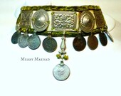 Tribal Fusion ribbon choker necklace in ivory & green with Turkoman amulets and Kuchi coins. OOAK Belly Dance ethnic jewelry