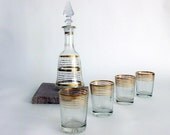 Mid Century Decanter Set. Barware. Cocktail Glasses. Gold Trim