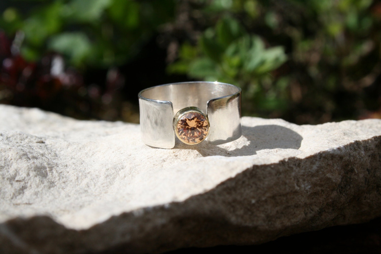 Champagne Diamond alternative engagement lab created 18ct 18k gold bezel set ring wide silver band April birthstone, custom Handmade UK