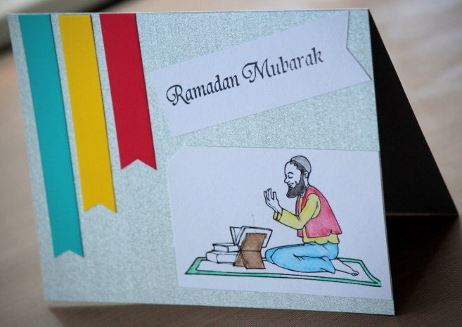 Ramadan Mubarak,Card with Muslim Hajji man reading the holy Quran, for the Islamic Holiday "Set of 4"
