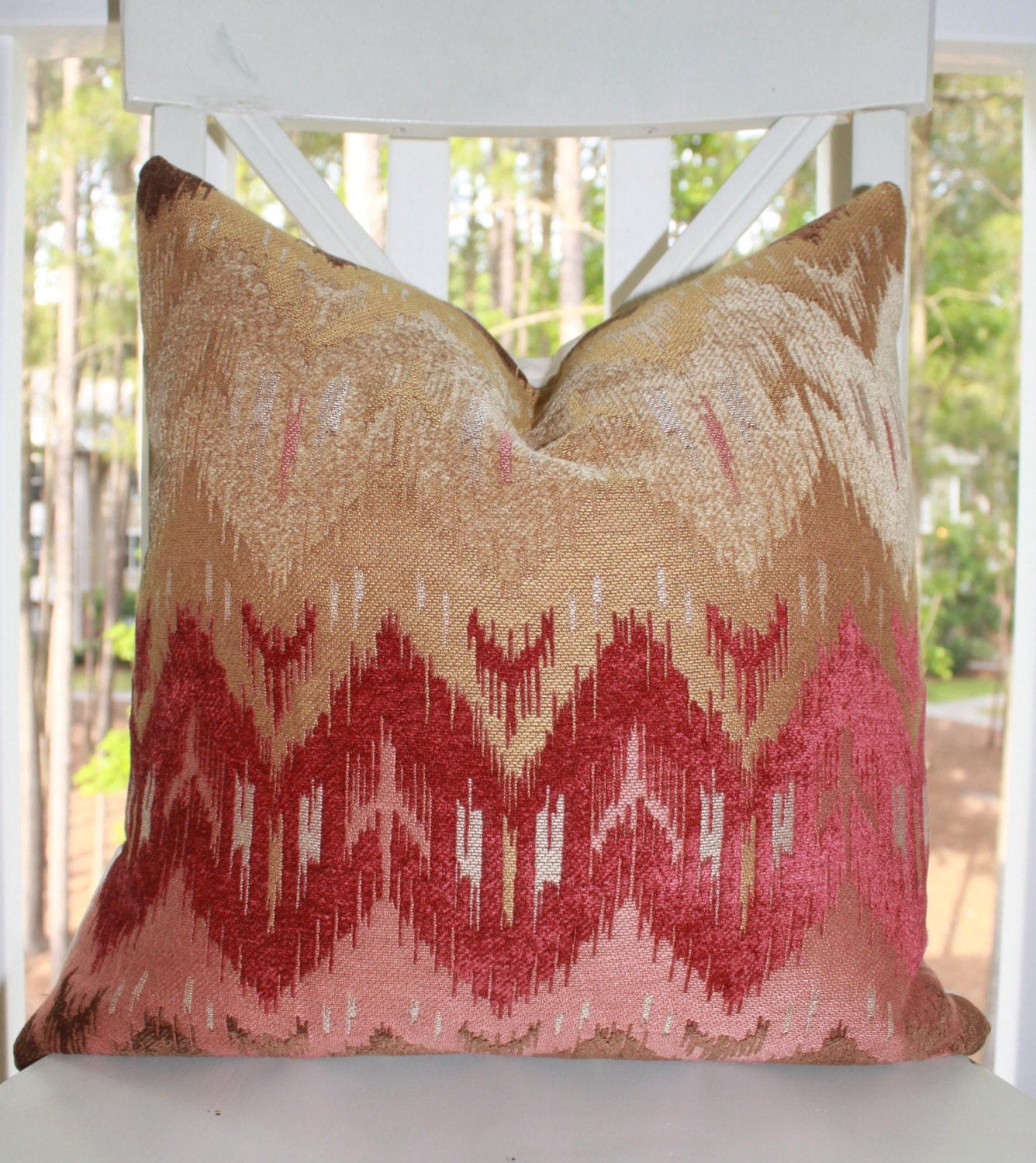 Red Pillow - 16 x 16 Pink Chevron Pillow Cover - Burgundy Throw Pillow - Gold Pink Designer Decorative Pillow