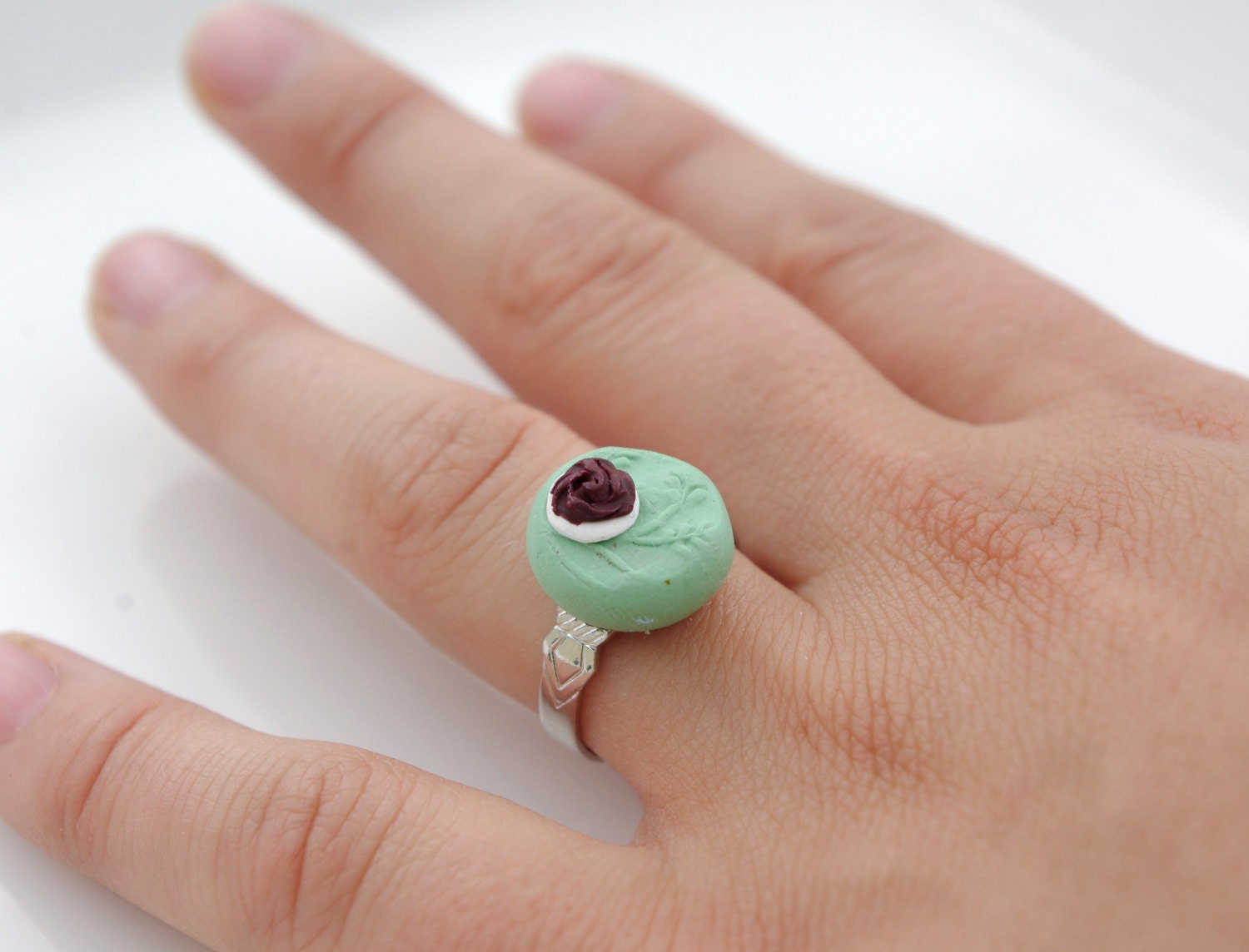 Mint green rose leaf polymer clay ring - Emsawhatsy design
