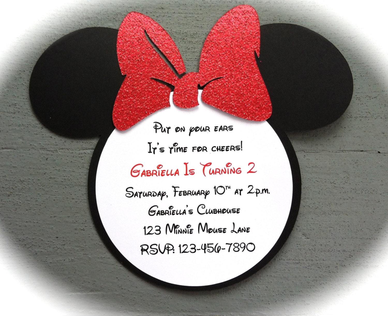 25 Handmade Minnie Mouse Invitations with Number on back - Red Glitter Bow