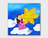 Original painting on canvas angel cat and sun. Sweet angel girl art for nursery room childrens room wall art home decor