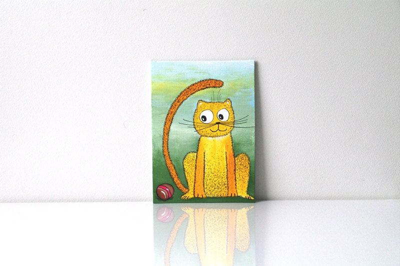 Yellow cat painting Funny greeting card with animal and ball Cute kitty art Green Girft for children Nursery decor Small painting 6x9 size - AstaArtwork