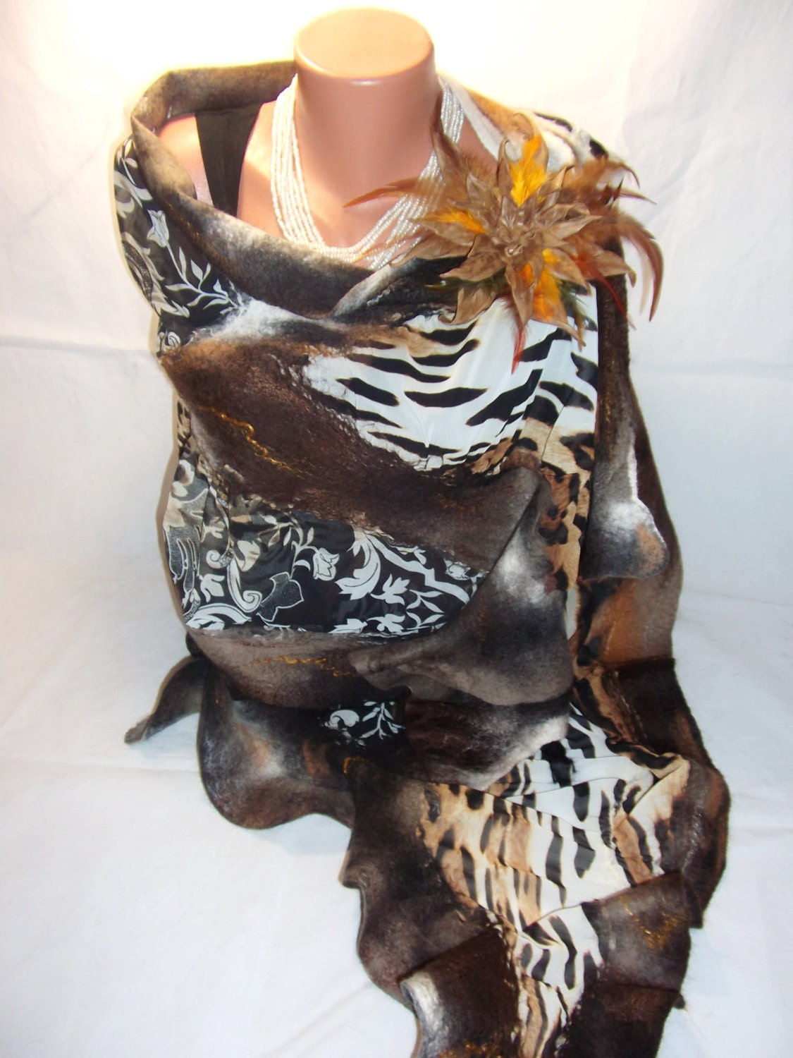 Nunofelted shawl "JUNGLE "  Bright spring fashion, hand crafted, gift for her