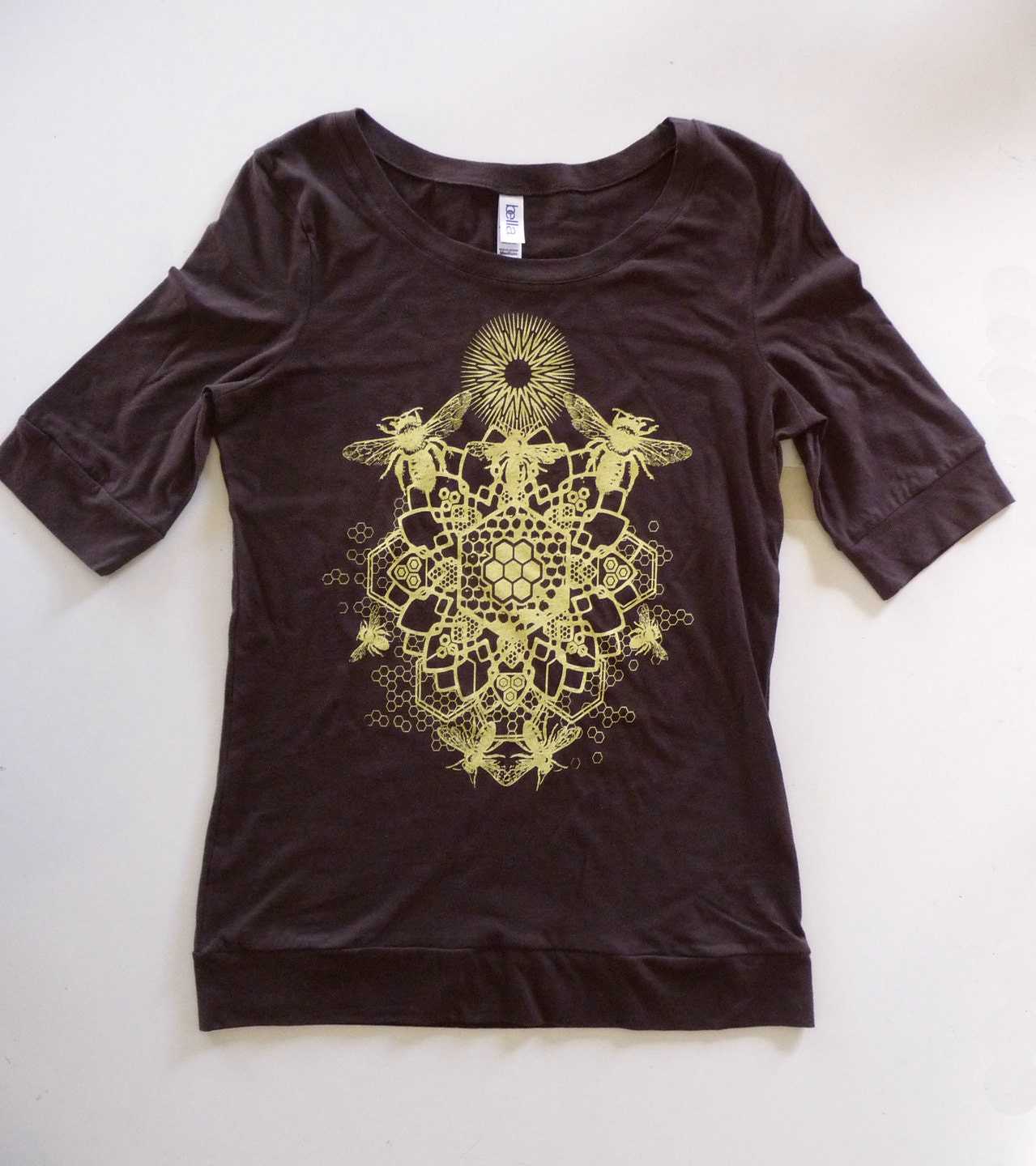 Womens Bee Mandala Printed in Light Yellow on a Chocolate Bella Sccop Neck 100% Cotton HalfLength Sleeve Shirt