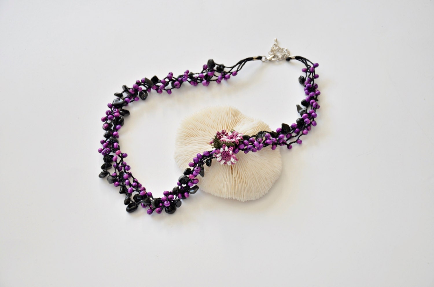 Handmade Purple Black Natural Stone and Beads, Purple Flowers Crochet Necklace, Beadwork, For Wedding, For Bridesmaid