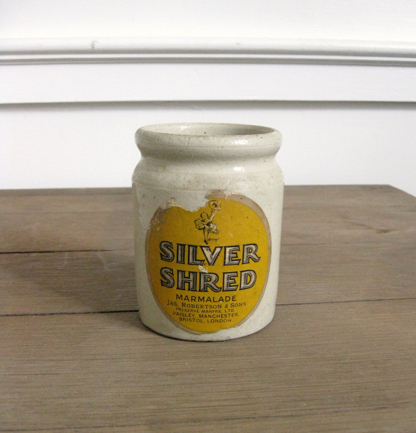 Antique Marmalade Pot with Paper Label, Silver Shred Marmalade Jar, Stoneware with Original Label