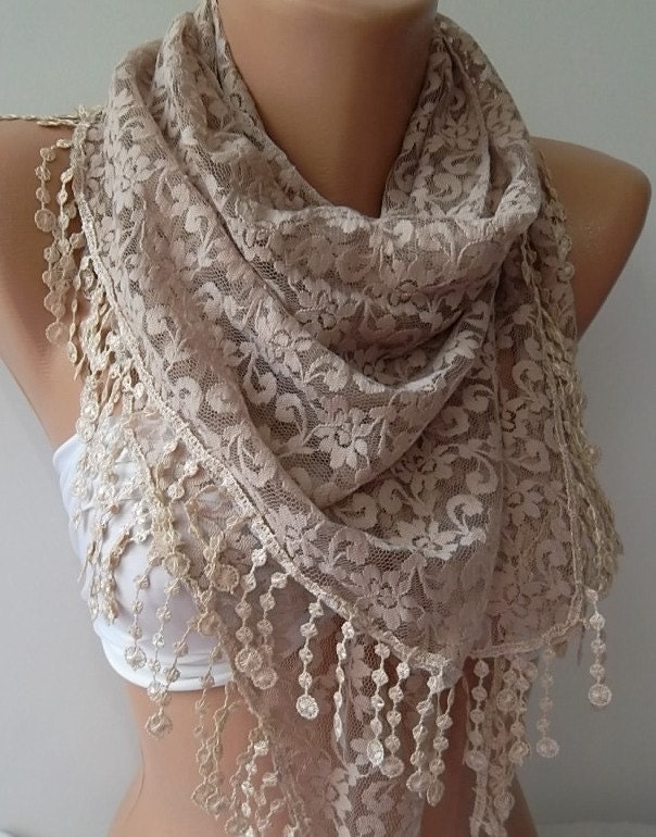 NEW- Mothers Day Gift Turquoise- Lace Shawl/ Scarf - Headband with Lace Edge iced coffee